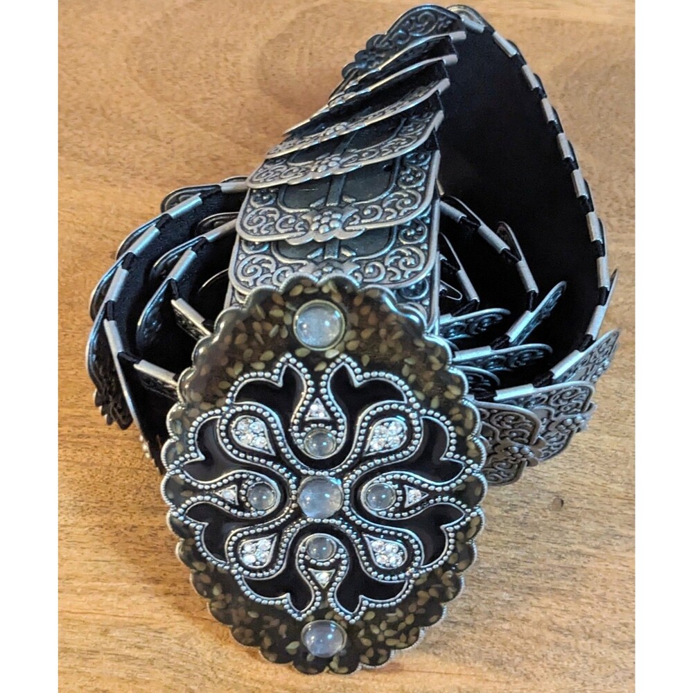 Women's 30" Stretch Belt Metal Scrollwork Links Olive Enamel Stone Inlay Buckle